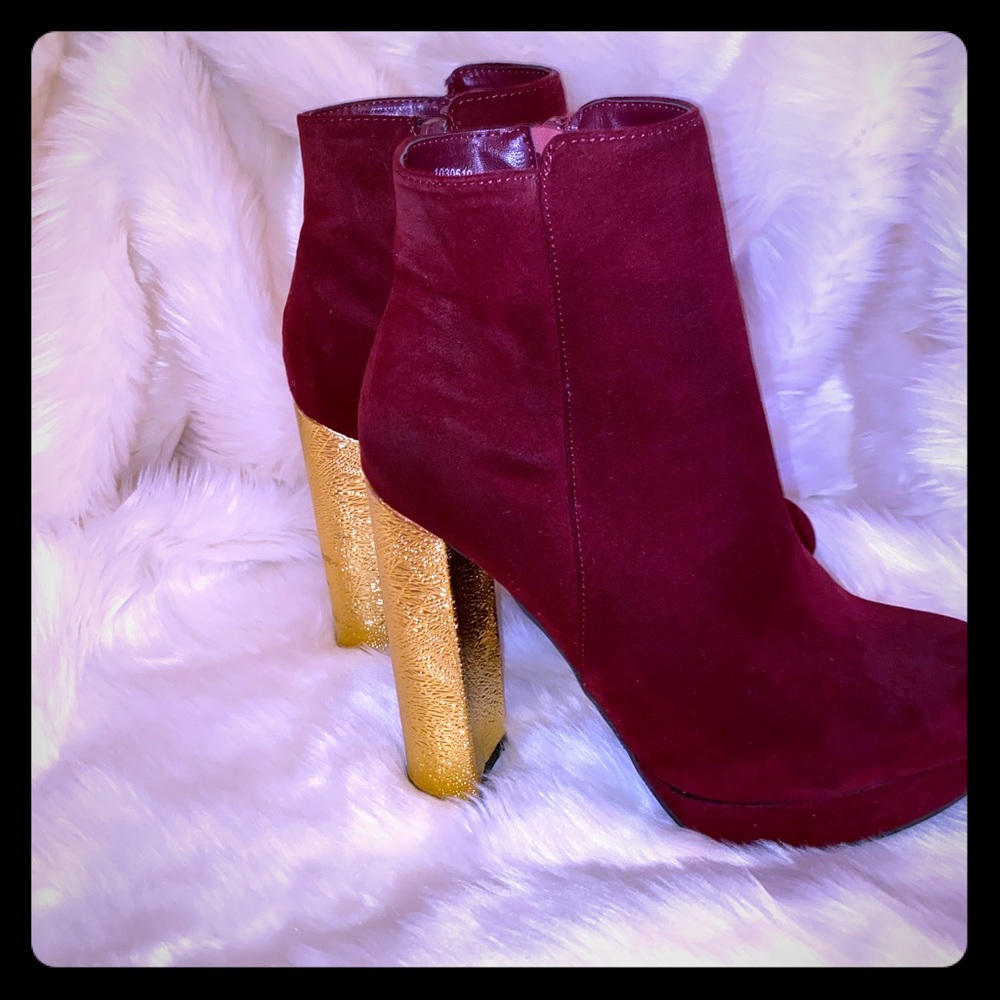 Maroon Platform Booties with Gold Heel Size 6